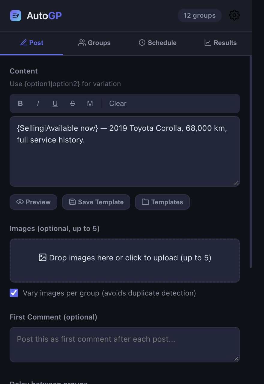 AutoGP post composer with spintax, image and first comment fields