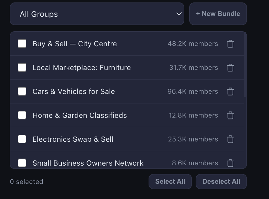 AutoGP groups tab listing synced Facebook groups with their member counts